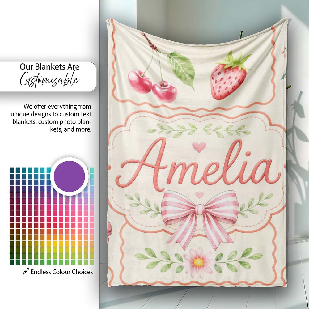 Cute Strawberry Cherry Ribbon Bow Sweet Dessert Pattern Warm Beige Personalised Custom Name Super Soft Fleece Blanket Bed Sofa Throw