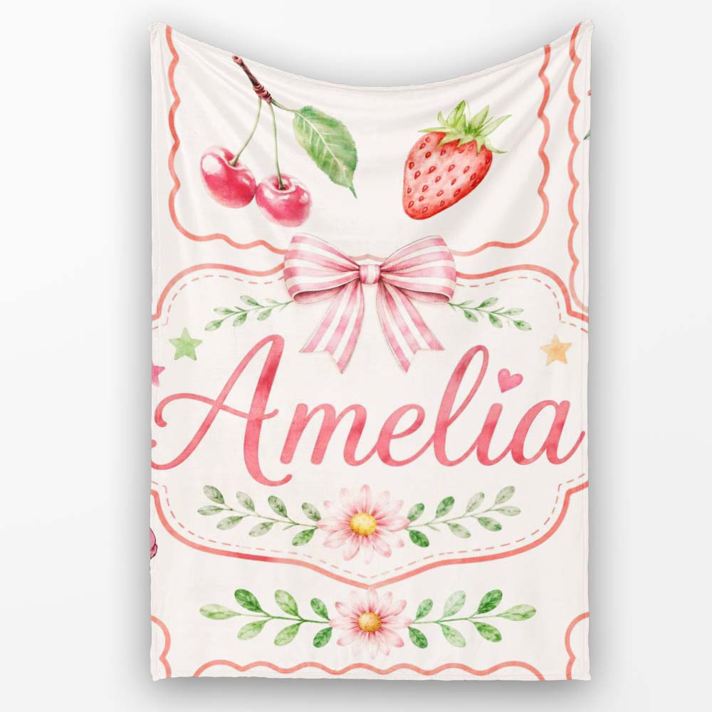 Cute Strawberry Cherry Ribbon Bow Sweet Dessert Pattern Light Cream Personalised Custom Name Super Soft Fleece Blanket Bed Sofa Throw