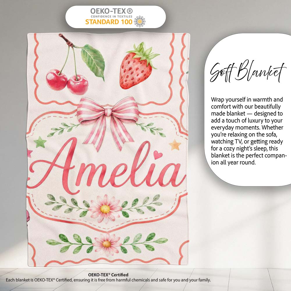 Cute Strawberry Cherry Ribbon Bow Sweet Dessert Pattern Light Cream Personalised Custom Name Super Soft Fleece Blanket Bed Sofa Throw