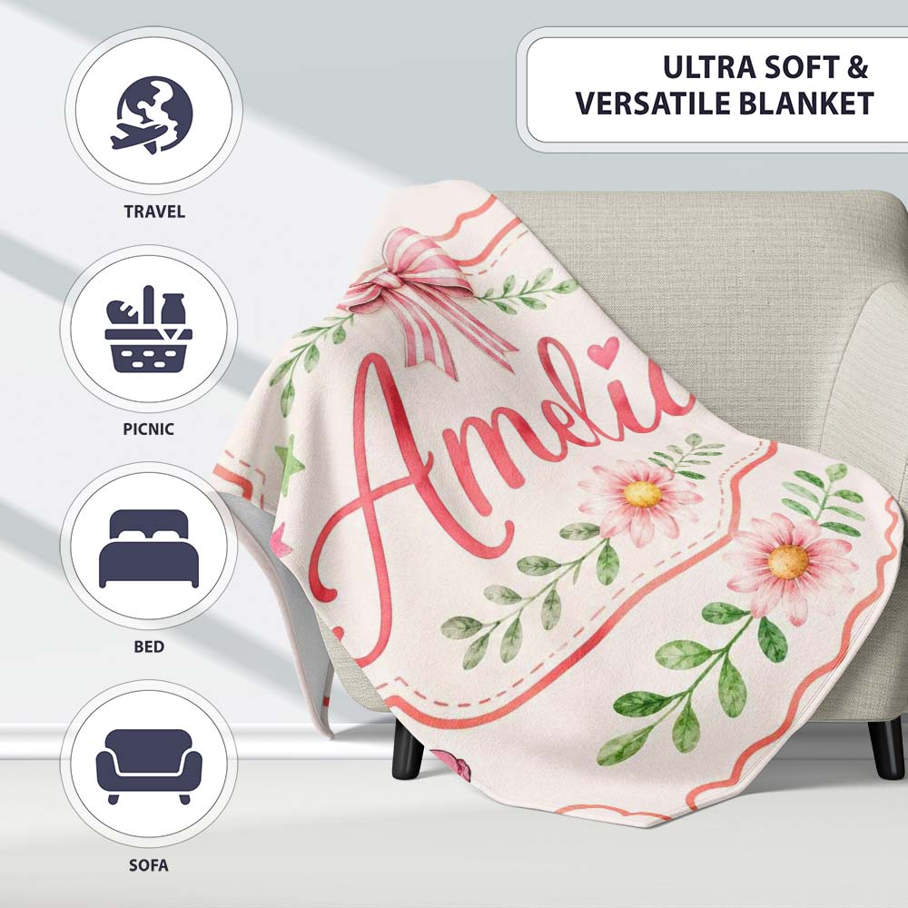 Cute Strawberry Cherry Ribbon Bow Sweet Dessert Pattern Light Cream Personalised Custom Name Super Soft Fleece Blanket Bed Sofa Throw