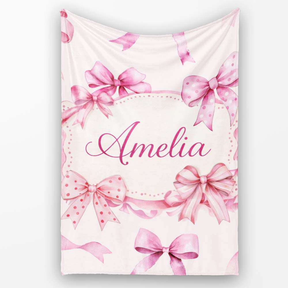 Watercolor Pink Ribbon Bows Neutral Ivory Background Seamless Lovely Personalised Custom Name Super Soft Fleece Blanket Bed Sofa Throw
