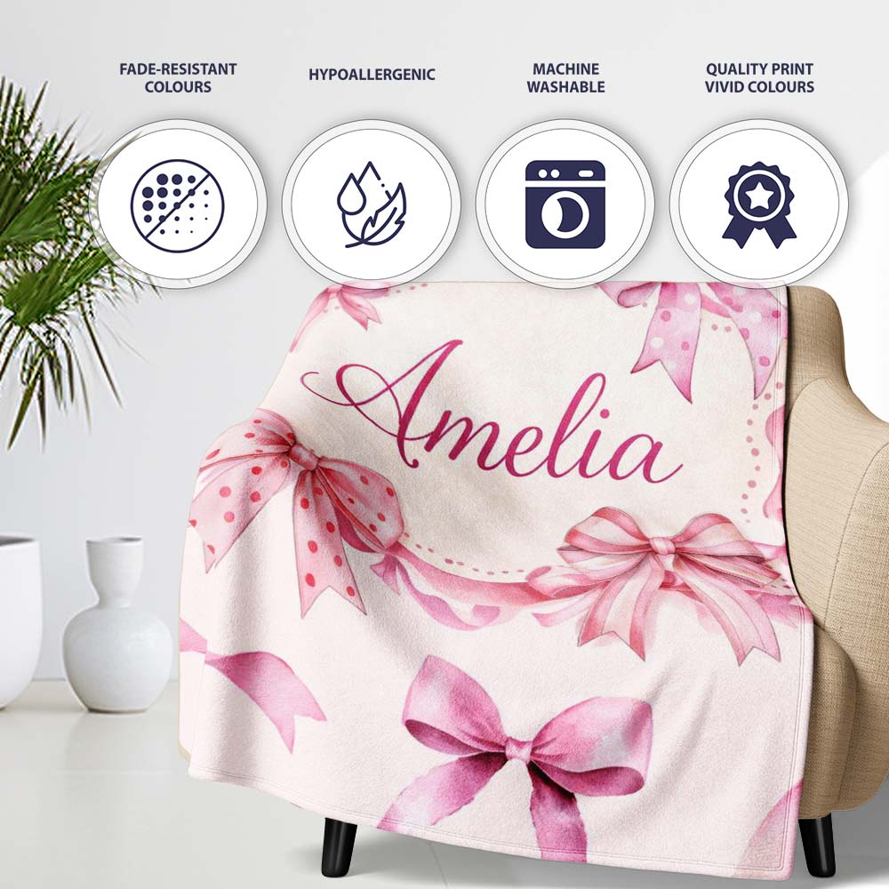Watercolor Pink Ribbon Bows Neutral Ivory Background Seamless Lovely Personalised Custom Name Super Soft Fleece Blanket Bed Sofa Throw