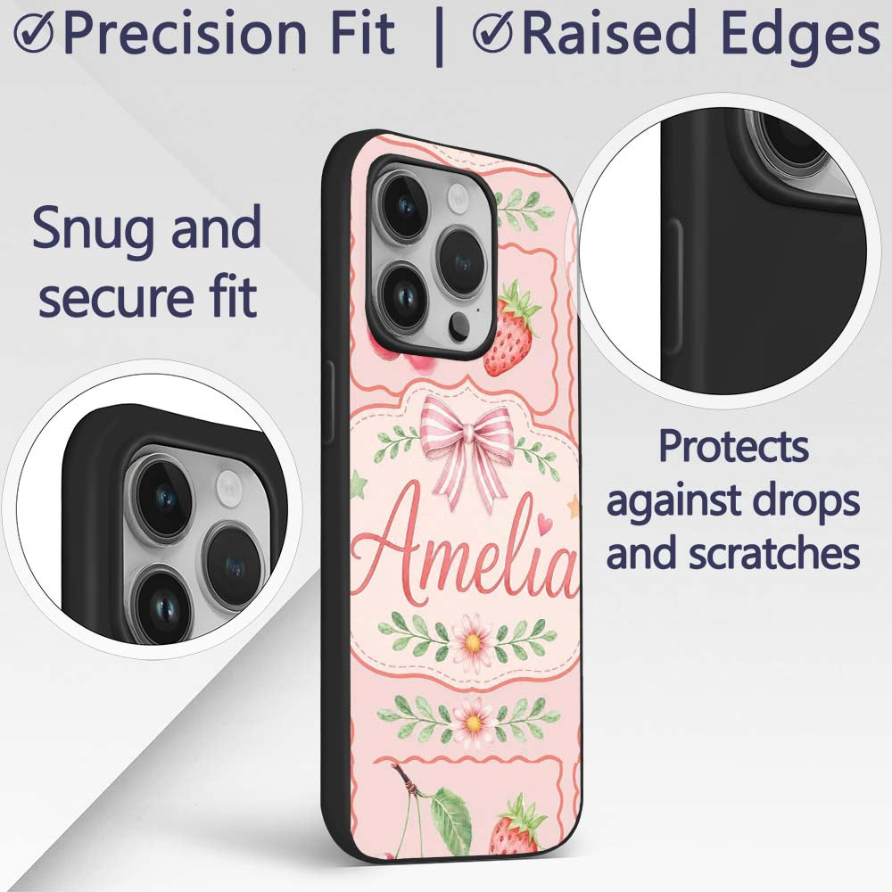 Cute Strawberry Cherry Ribbon Bow Sweet Dessert Custom Name Protective Phone Case Mobile Cover Durable Everyday Smartphone Shock Resistant