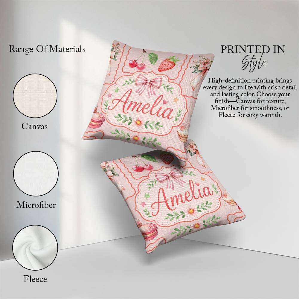 Custom Name Strawberry Cherry Ribbon Bow Sweet Dessert Pale Pink Square Filled Cushion Throw Pillow Sofa Bed Home Decor Zip Washable UK Made
