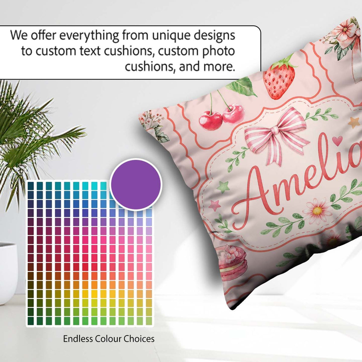 Custom Name Strawberry Cherry Ribbon Bow Sweet Dessert Pale Pink Square Filled Cushion Throw Pillow Sofa Bed Home Decor Zip Washable UK Made