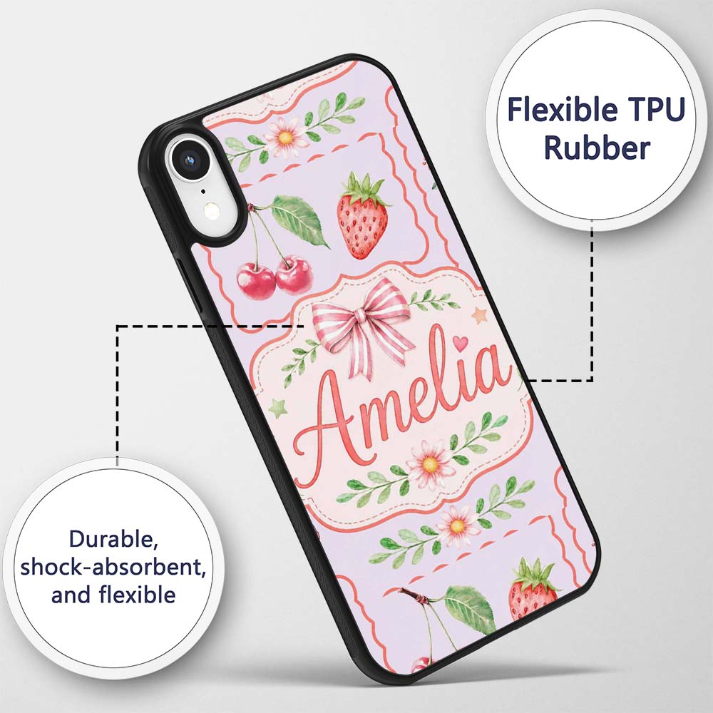 Cute Strawberry Cherry Ribbon Bow Sweet Dessert Custom Name Protective Phone Case Mobile Cover Durable Everyday Smartphone Shock Resistant