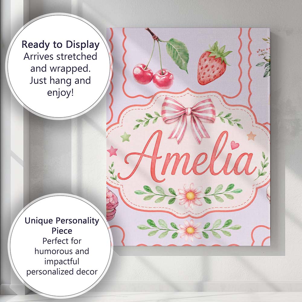 Personalised Name Cute Strawberry Cherry Custom Unique Gift Idea Elegant Feature Canvas Wall Art Print Decor Picture Ready to Hang