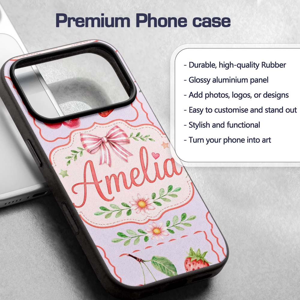 Cute Strawberry Cherry Ribbon Bow Sweet Dessert Custom Name Protective Phone Case Mobile Cover Durable Everyday Smartphone Shock Resistant