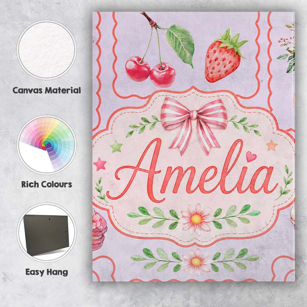 Personalised Name Cute Strawberry Cherry Custom Unique Gift Idea Elegant Feature Canvas Wall Art Print Decor Picture Ready to Hang