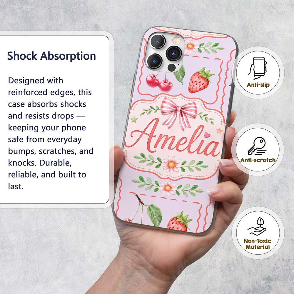 Cute Strawberry Cherry Ribbon Bow Sweet Dessert Custom Name Protective Phone Case Mobile Cover Durable Everyday Smartphone Shock Resistant