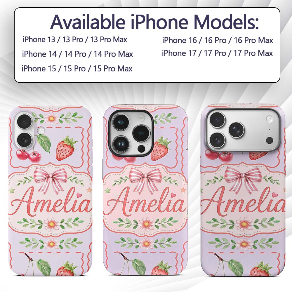 Cute Strawberry Cherry Ribbon Bow Sweet Dessert Custom Name Protective Phone Case Mobile Cover Durable Everyday Smartphone Shock Resistant