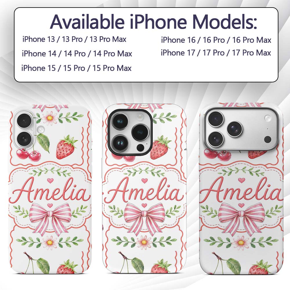 Cute Strawberry Cherry Ribbon Bow Sweet Dessert Custom Name Protective Phone Case Mobile Cover Durable Everyday Smartphone Shock Resistant
