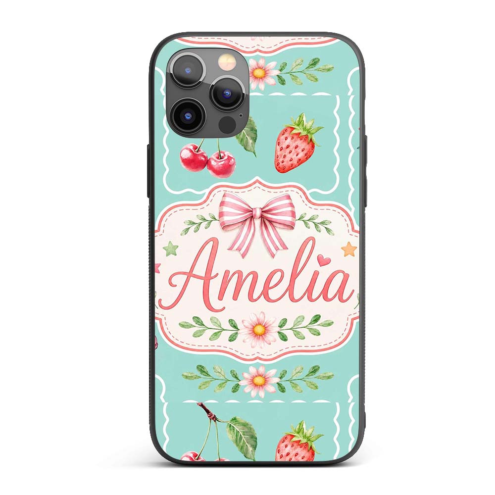 Cute Strawberry Cherry Ribbon Bow Sweet Dessert Custom Name Protective Phone Case Mobile Cover Durable Everyday Smartphone Shock Resistant