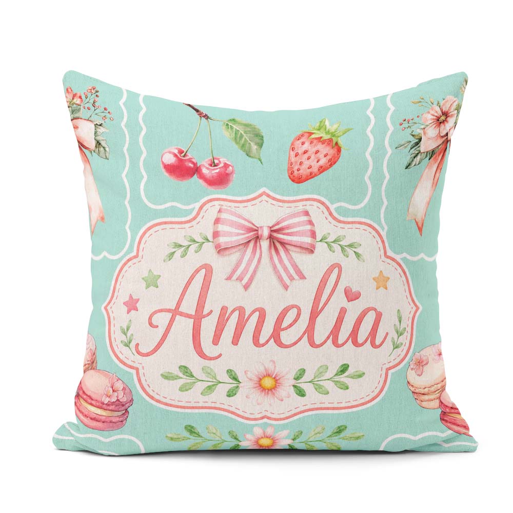 Custom Name Cherry Ribbon Bow Sweet Dessert Pattern Teal Green Square Filled Cushion Throw Pillow Sofa Bed Home Decor Zip Washable UK Made