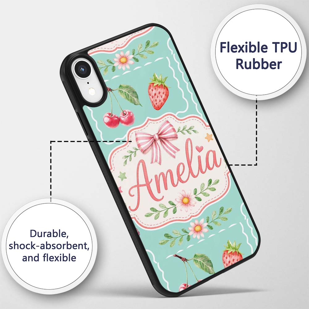 Cute Strawberry Cherry Ribbon Bow Sweet Dessert Custom Name Protective Phone Case Mobile Cover Durable Everyday Smartphone Shock Resistant