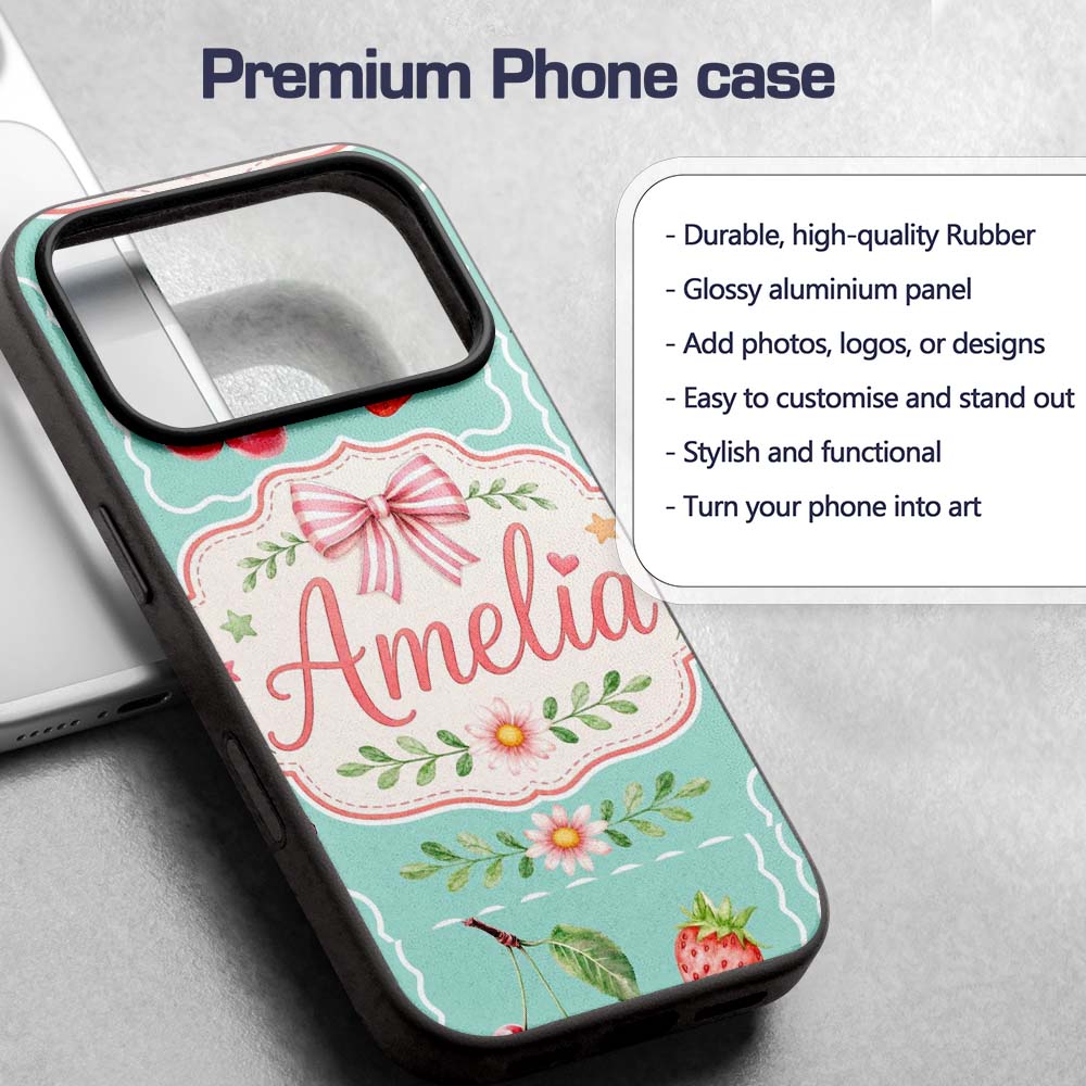Cute Strawberry Cherry Ribbon Bow Sweet Dessert Custom Name Protective Phone Case Mobile Cover Durable Everyday Smartphone Shock Resistant