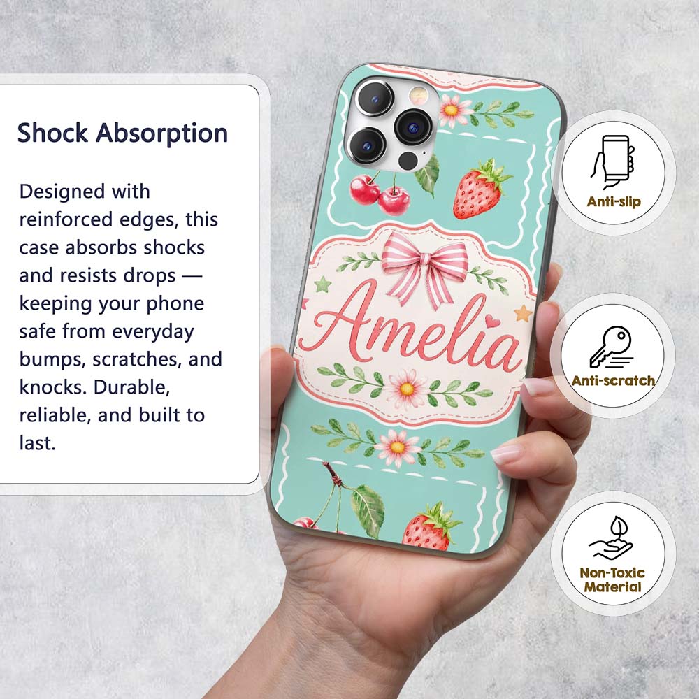 Cute Strawberry Cherry Ribbon Bow Sweet Dessert Custom Name Protective Phone Case Mobile Cover Durable Everyday Smartphone Shock Resistant