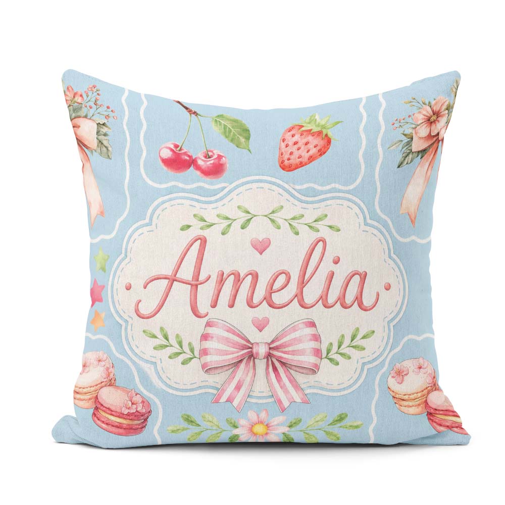 Custom Name Cherry Ribbon Bow Sweet Dessert Pattern Dusty Blue Square Filled Cushion Throw Pillow Sofa Bed Home Decor Zip Washable UK Made