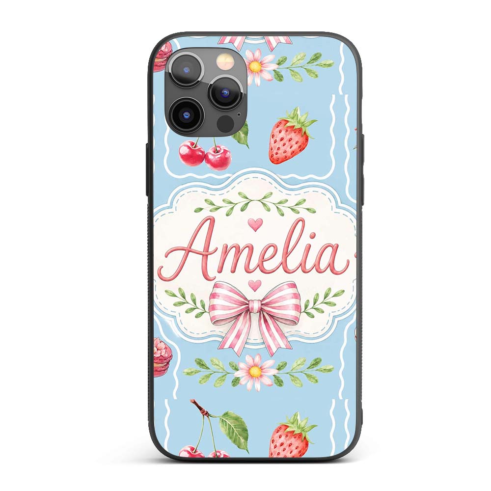 Cute Strawberry Cherry Ribbon Bow Sweet Dessert Custom Name Protective Phone Case Mobile Cover Durable Everyday Smartphone Shock Resistant