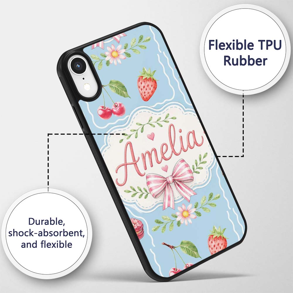 Cute Strawberry Cherry Ribbon Bow Sweet Dessert Custom Name Protective Phone Case Mobile Cover Durable Everyday Smartphone Shock Resistant