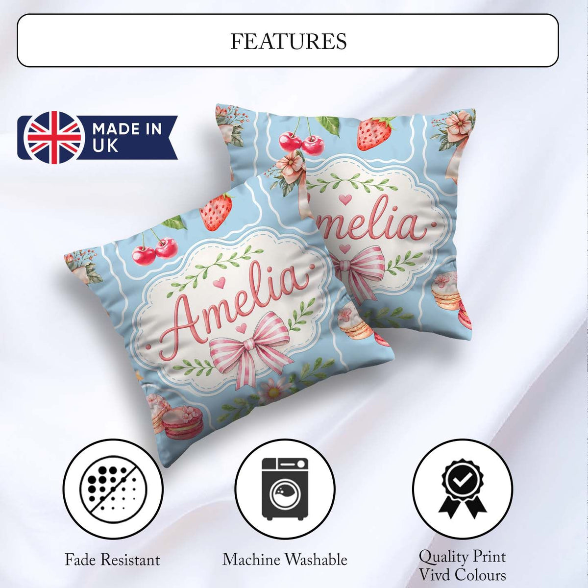 Custom Name Cherry Ribbon Bow Sweet Dessert Pattern Dusty Blue Square Filled Cushion Throw Pillow Sofa Bed Home Decor Zip Washable UK Made