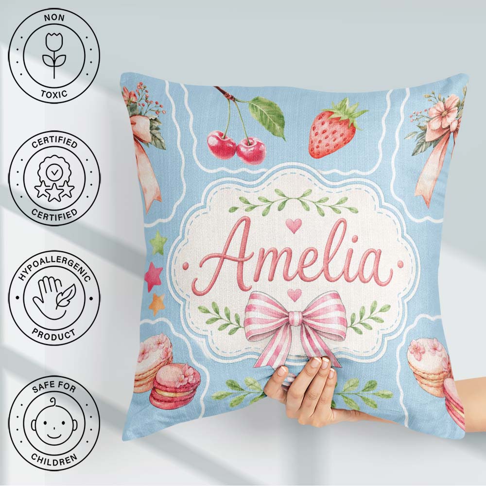 Custom Name Cherry Ribbon Bow Sweet Dessert Pattern Dusty Blue Square Filled Cushion Throw Pillow Sofa Bed Home Decor Zip Washable UK Made