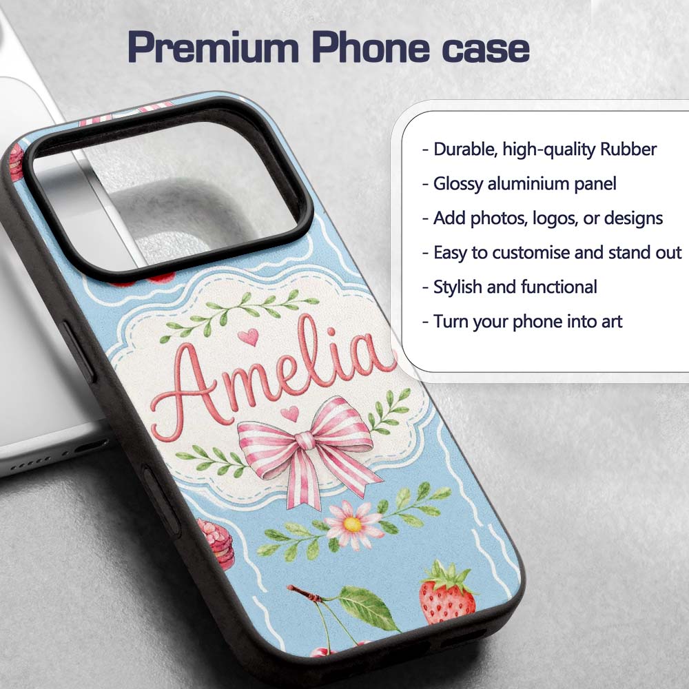 Cute Strawberry Cherry Ribbon Bow Sweet Dessert Custom Name Protective Phone Case Mobile Cover Durable Everyday Smartphone Shock Resistant