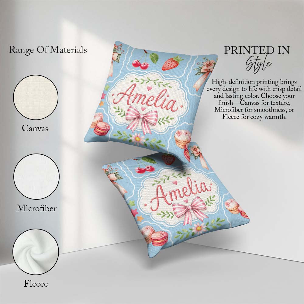 Custom Name Cherry Ribbon Bow Sweet Dessert Pattern Dusty Blue Square Filled Cushion Throw Pillow Sofa Bed Home Decor Zip Washable UK Made
