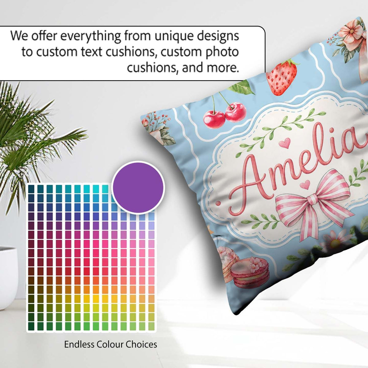 Custom Name Cherry Ribbon Bow Sweet Dessert Pattern Dusty Blue Square Filled Cushion Throw Pillow Sofa Bed Home Decor Zip Washable UK Made