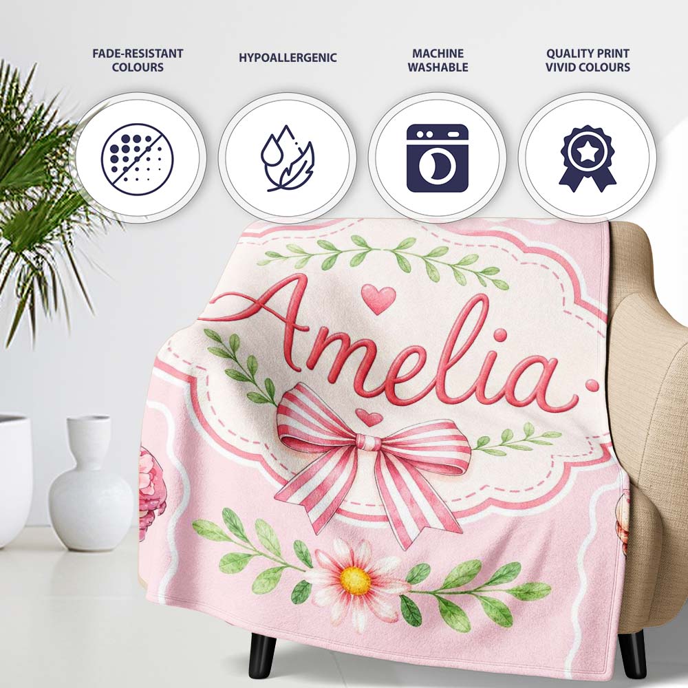 Cute Strawberry Cherry Ribbon Bow Sweet Dessert Pattern Soft Pink Personalised Custom Name Super Soft Fleece Blanket Bed Sofa Throw