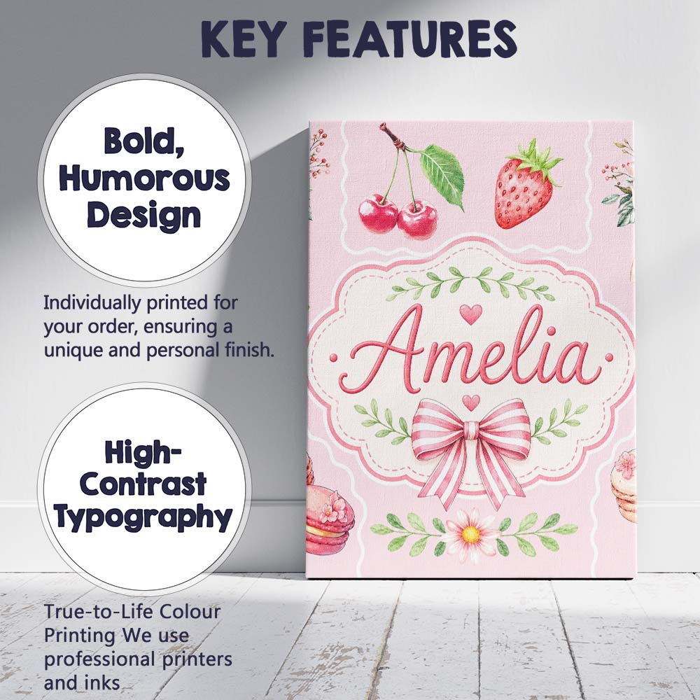 Personalised Name Cute Strawberry Cherry Custom Unique Gift Idea Elegant Feature Canvas Wall Art Print Decor Picture Ready to Hang