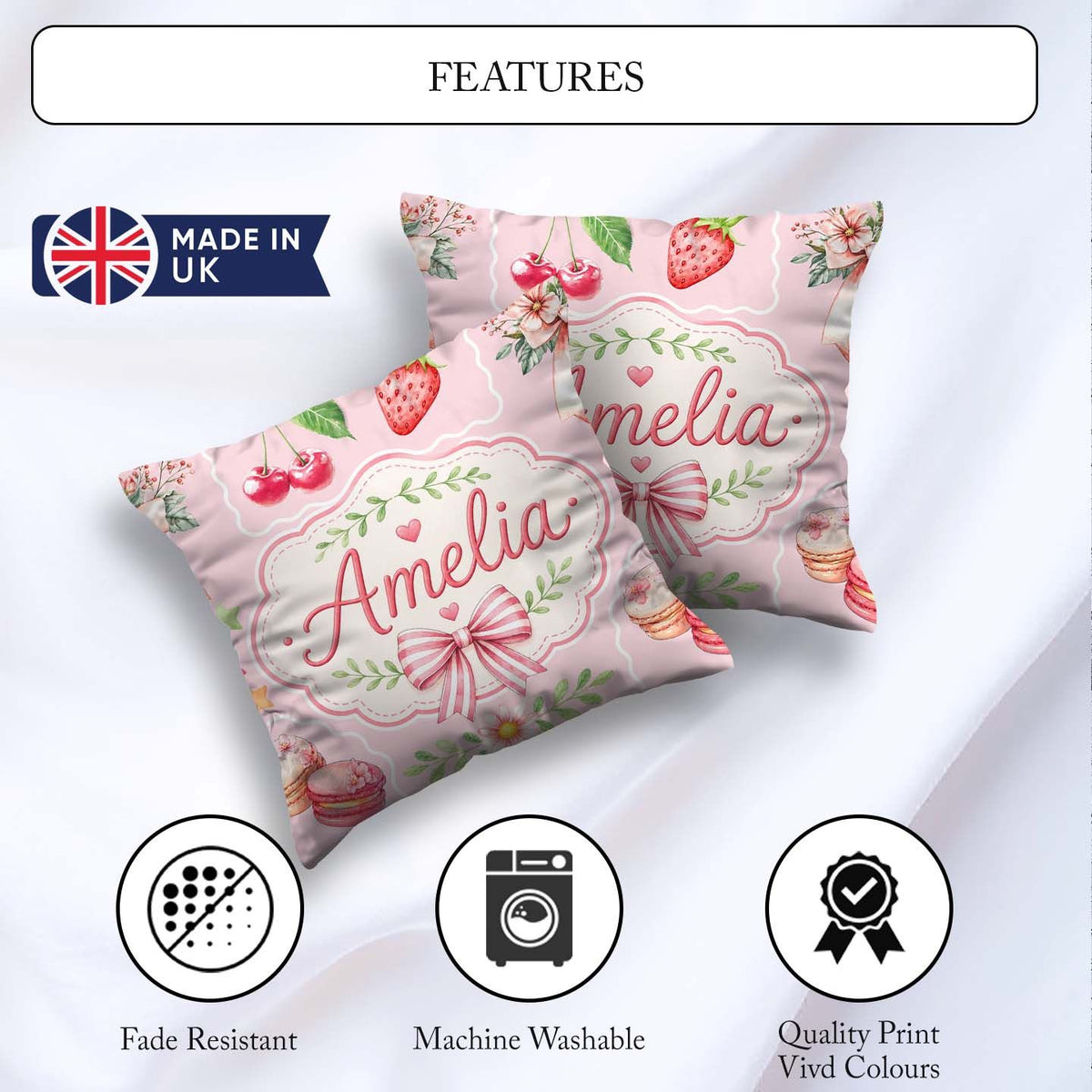 Custom Name Strawberry Cherry Ribbon Bow Sweet Dessert Soft Pink Square Filled Cushion Throw Pillow Sofa Bed Home Decor Zip Washable UK Made