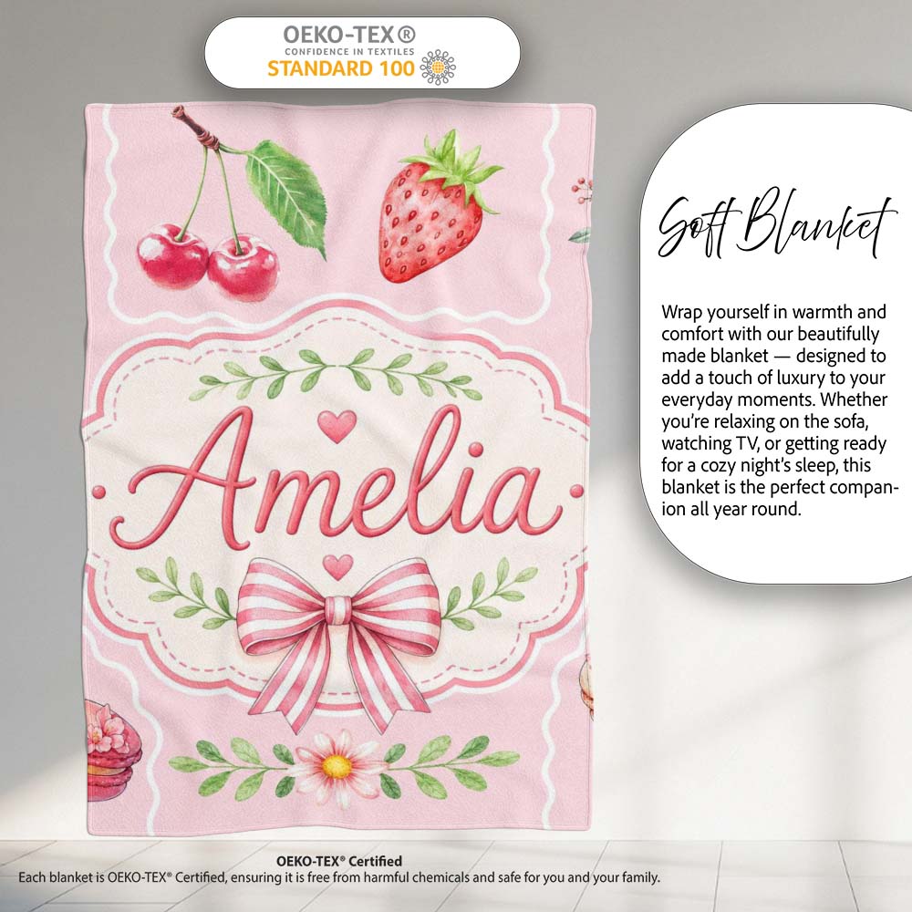 Cute Strawberry Cherry Ribbon Bow Sweet Dessert Pattern Soft Pink Personalised Custom Name Super Soft Fleece Blanket Bed Sofa Throw