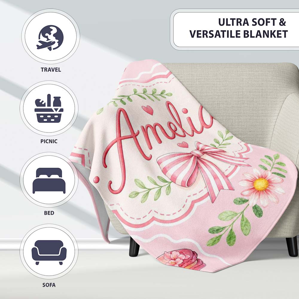 Cute Strawberry Cherry Ribbon Bow Sweet Dessert Pattern Soft Pink Personalised Custom Name Super Soft Fleece Blanket Bed Sofa Throw
