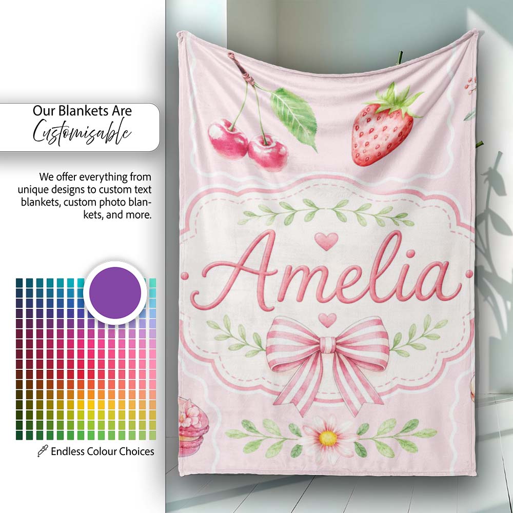 Cute Strawberry Cherry Ribbon Bow Sweet Dessert Pattern Soft Pink Personalised Custom Name Super Soft Fleece Blanket Bed Sofa Throw