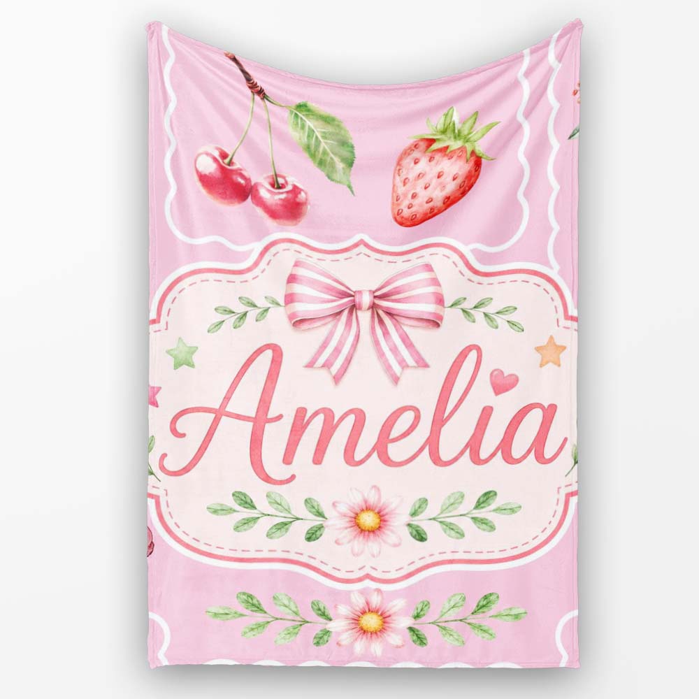 Cute Strawberry Cherry Ribbon Bow Sweet Dessert Pattern Warm Personalised Custom Name Super Soft Fleece Blanket Bed Sofa Throw