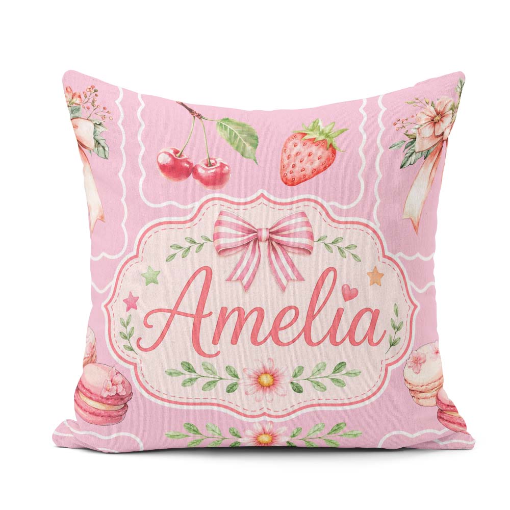 Custom Name Cute Strawberry Cherry Ribbon Bow Sweet Dessert Warm Square Filled Cushion Throw Pillow Sofa Bed Home Decor Zip Washable UK Made