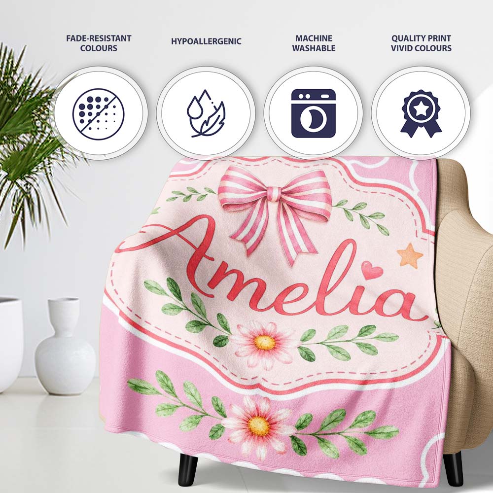 Cute Strawberry Cherry Ribbon Bow Sweet Dessert Pattern Warm Personalised Custom Name Super Soft Fleece Blanket Bed Sofa Throw