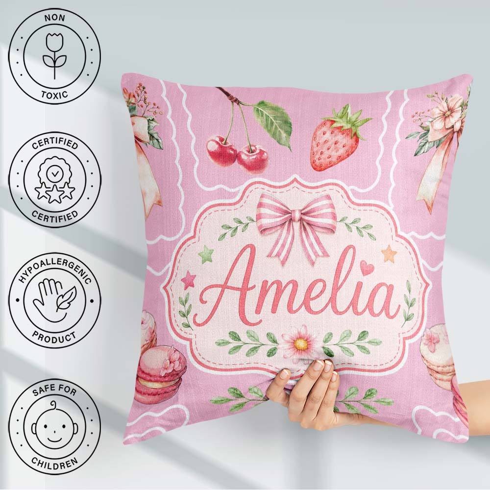 Custom Name Cute Strawberry Cherry Ribbon Bow Sweet Dessert Warm Square Filled Cushion Throw Pillow Sofa Bed Home Decor Zip Washable UK Made
