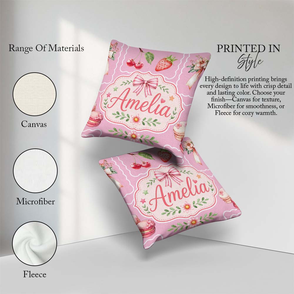Custom Name Cute Strawberry Cherry Ribbon Bow Sweet Dessert Warm Square Filled Cushion Throw Pillow Sofa Bed Home Decor Zip Washable UK Made