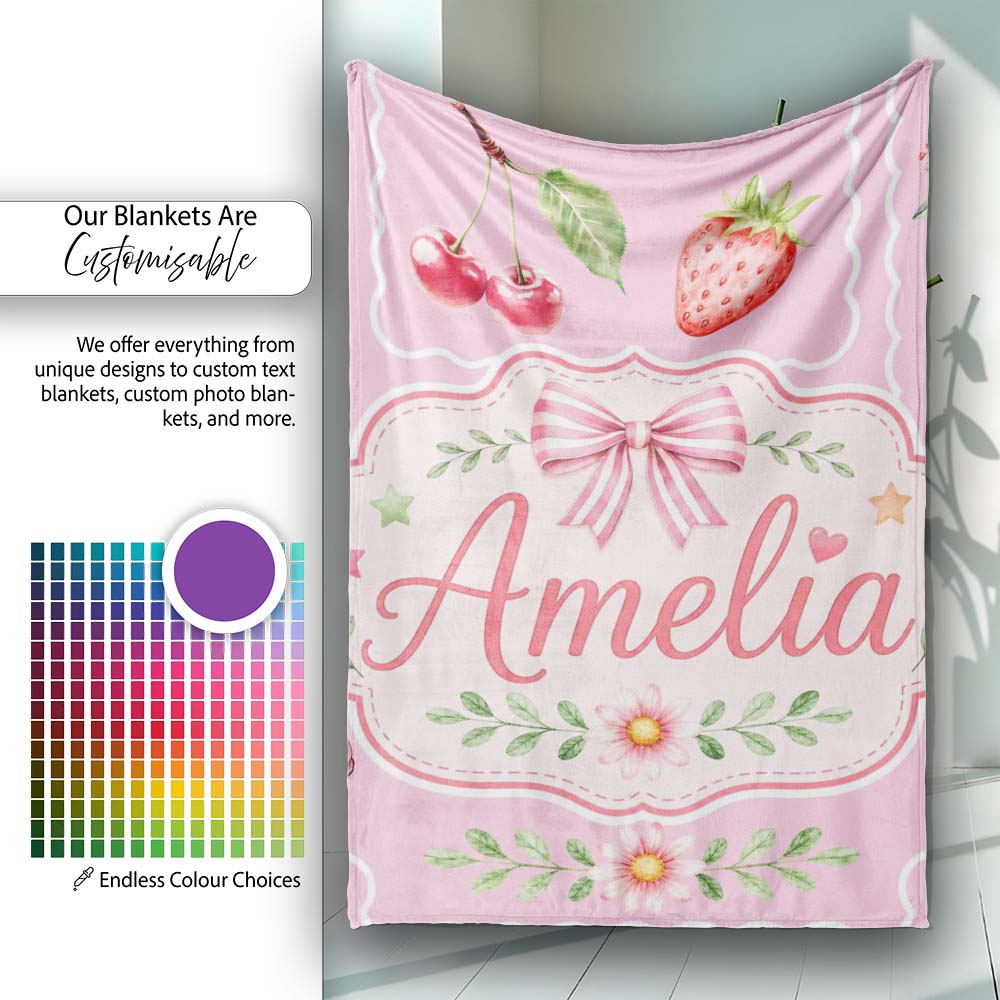 Cute Strawberry Cherry Ribbon Bow Sweet Dessert Pattern Warm Personalised Custom Name Super Soft Fleece Blanket Bed Sofa Throw