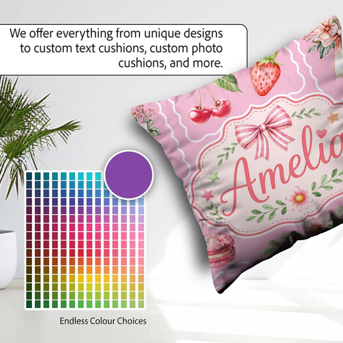 Custom Name Cute Strawberry Cherry Ribbon Bow Sweet Dessert Warm Square Filled Cushion Throw Pillow Sofa Bed Home Decor Zip Washable UK Made