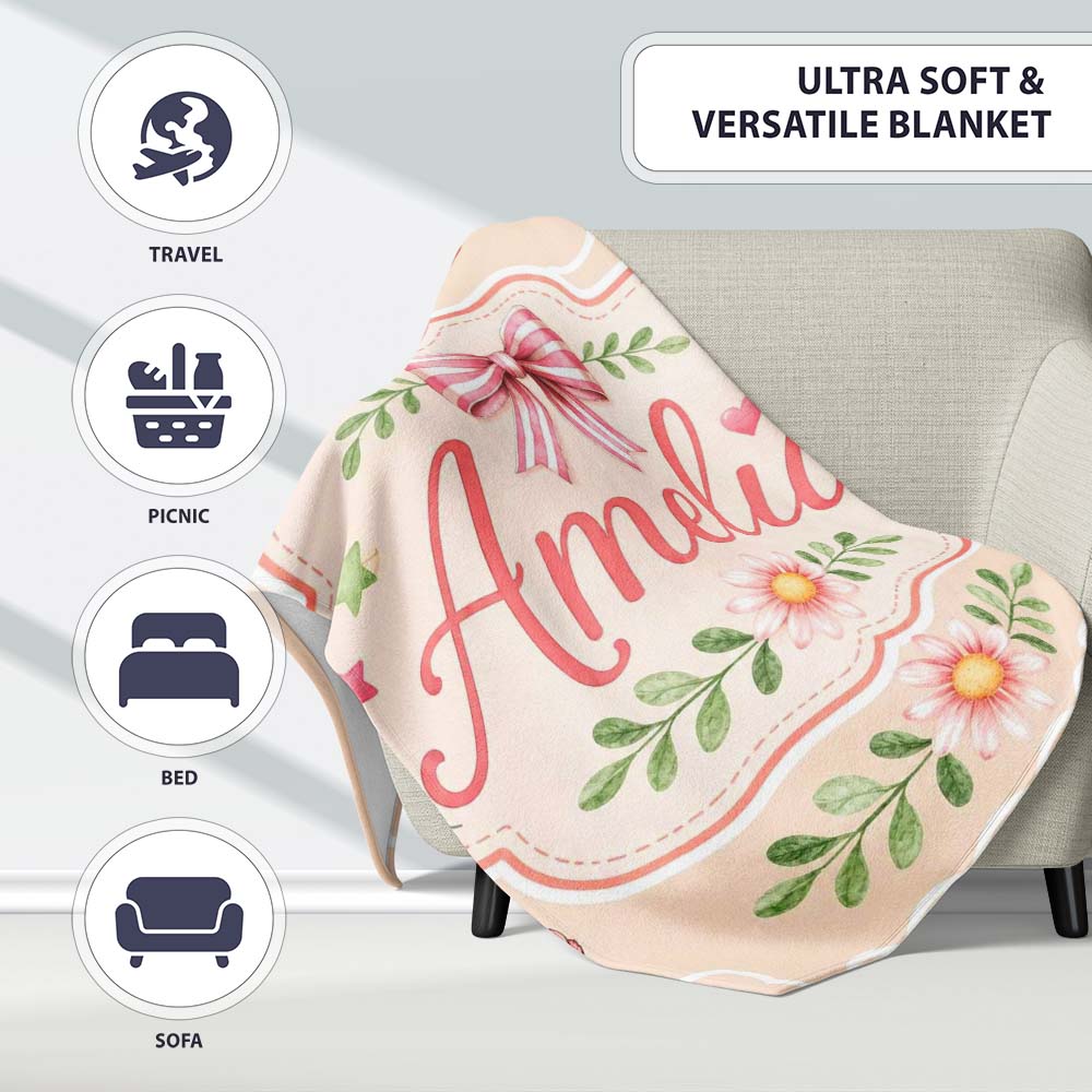Cute Strawberry Cherry Ribbon Bow Sweet Dessert Pastel Cream Lovely Personalised Custom Name Super Soft Fleece Blanket Bed Sofa Throw