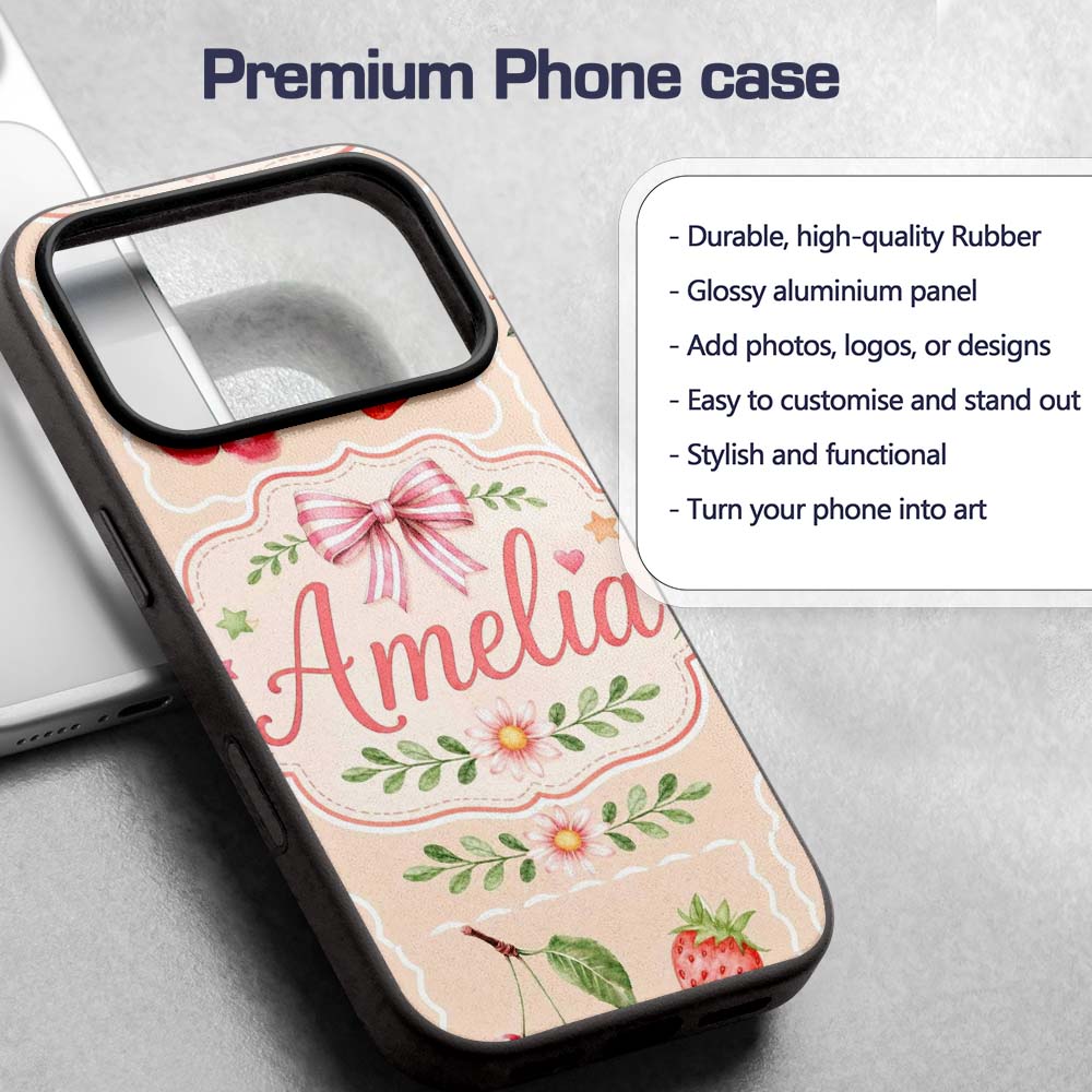 Cute Strawberry Cherry Ribbon Bow Sweet Dessert Custom Name Protective Phone Case Mobile Cover Durable Everyday Smartphone Shock Resistant