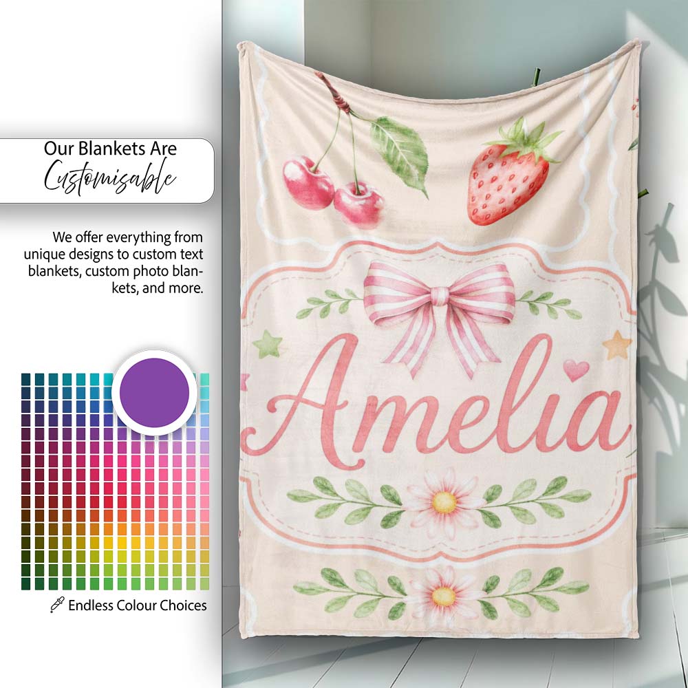 Cute Strawberry Cherry Ribbon Bow Sweet Dessert Pastel Cream Lovely Personalised Custom Name Super Soft Fleece Blanket Bed Sofa Throw