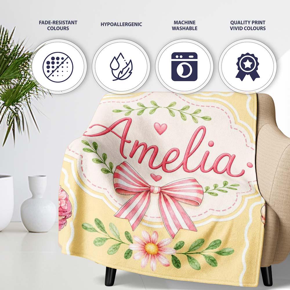 Cute Strawberry Cherry Ribbon Bow Sweet Dessert Pattern Yellow Personalised Custom Name Super Soft Fleece Blanket Bed Sofa Throw