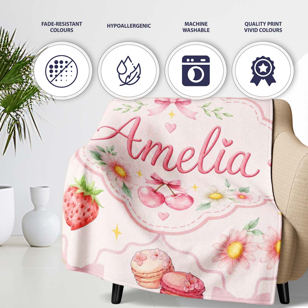 Strawberry Cherry Daisy Floral Bow Sweet Dessert Soft Blush Pink Personalised Custom Name Super Soft Fleece Blanket Bed Sofa Throw