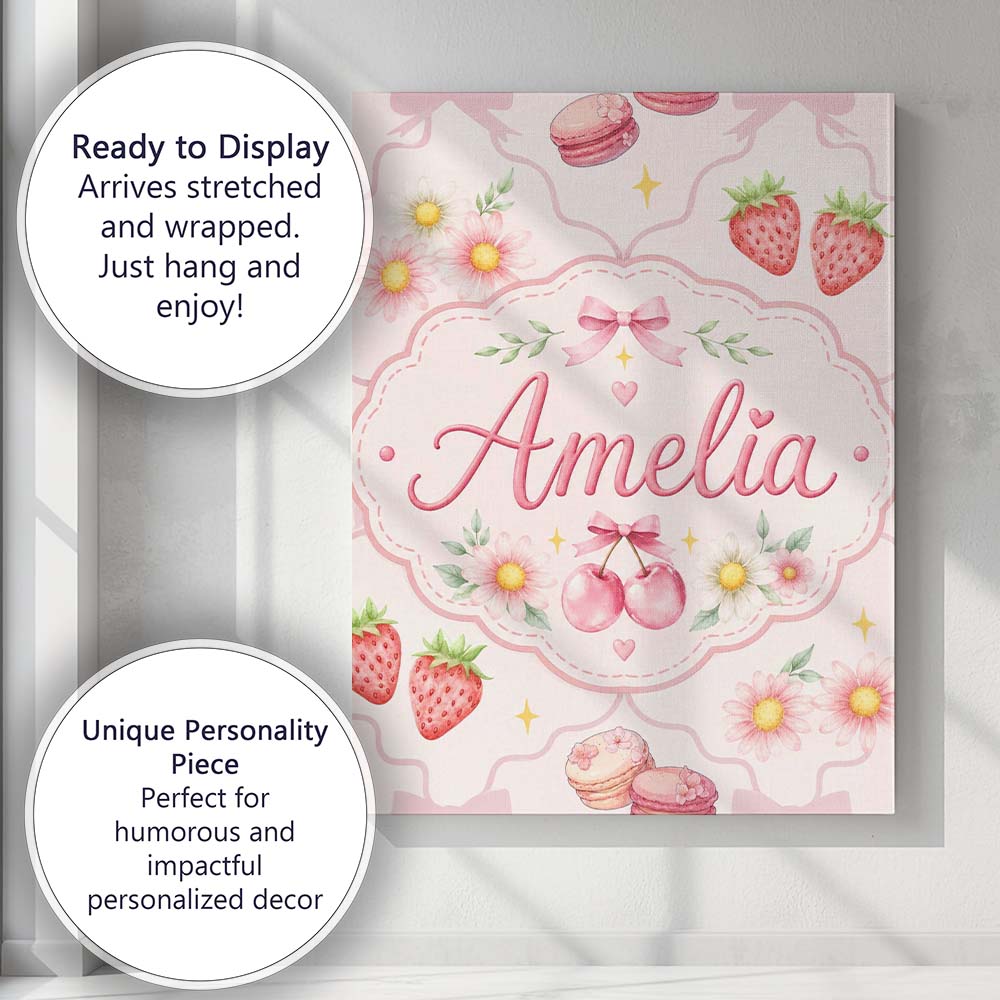 Personalised Name Strawberry Cherry Daisy Custom Unique Gift Idea Elegant Feature Canvas Wall Art Print Decor Picture Ready to Hang