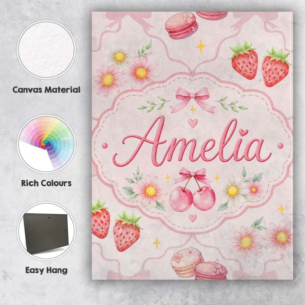 Personalised Name Strawberry Cherry Daisy Custom Unique Gift Idea Elegant Feature Canvas Wall Art Print Decor Picture Ready to Hang