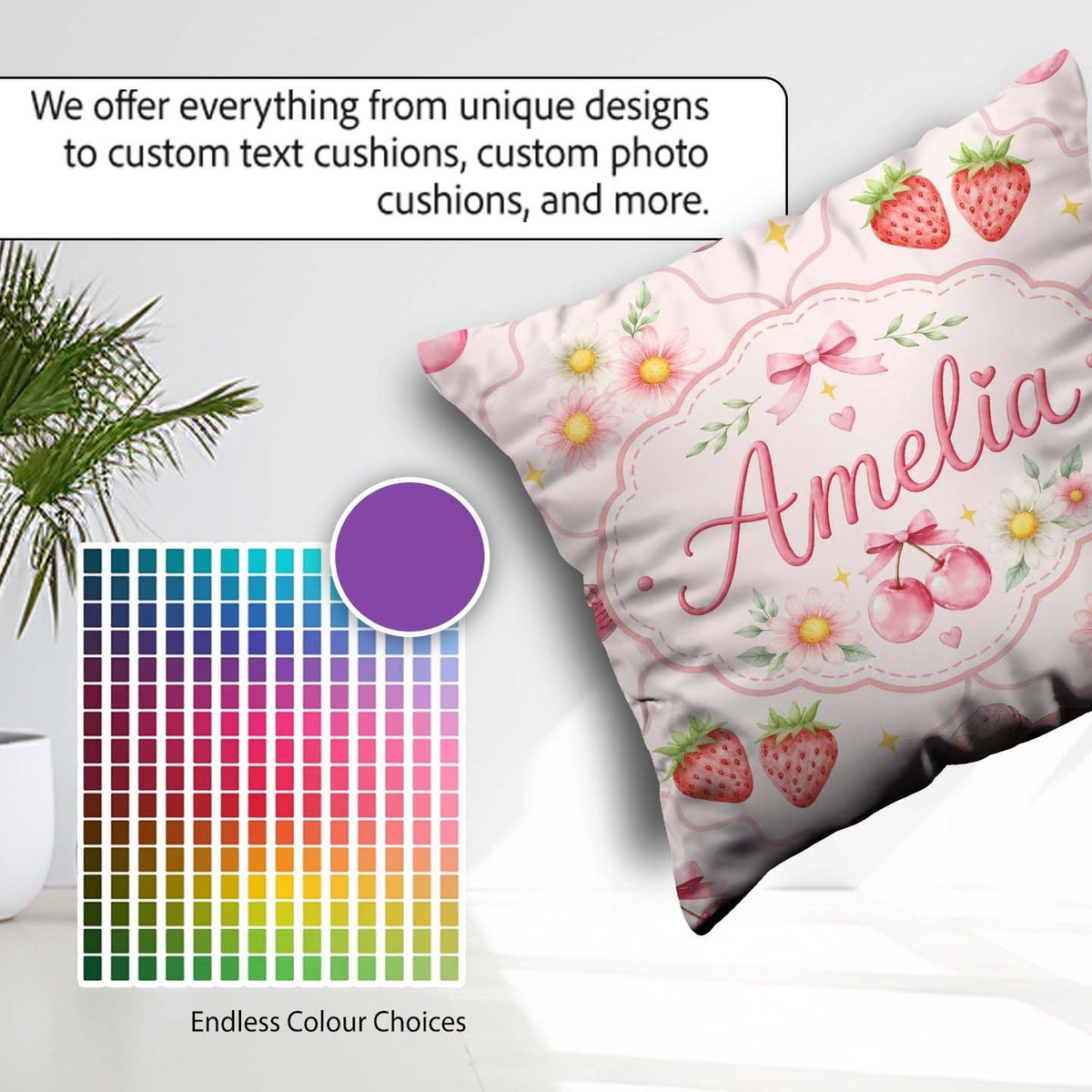 Custom Name Strawberry Cherry Daisy Bow Sweet Dessert Soft Blush Square Filled Cushion Throw Pillow Sofa Bed Home Decor Zip Washable UK Made